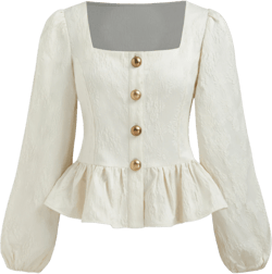 Square Neck Floral Button Ruffle Hem Long Sleeve Blouse