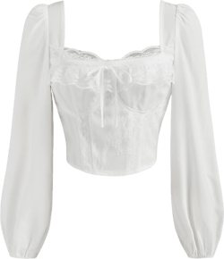 Square Neck Solid Lace Corset Shirred Knotted Long Sleeve Blouse