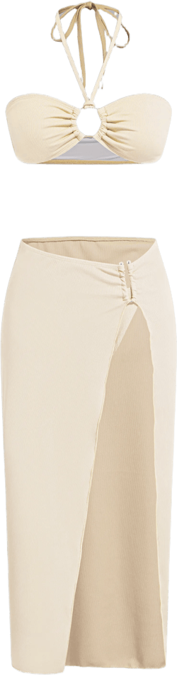 V-neck Solid O-Ring Halter Cheeky Bikini Swimsuit With Cover Up Beach Skirt