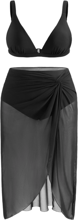 V-neck Solid Bracelet Full Coverage Bikini Set With Mesh Twist Sarong Curve & Plus