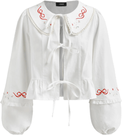 100% Cotton Doll Collar Bowknot Embroidery Tie Front Bow Lantern Sleeve Blouse
