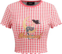 Cotton-blend Round Neckline Gingham Mermaid Graphic Crop Short Sleeve Tee