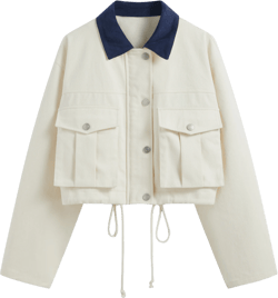 100% Cotton Collar Solid Drawstring Knotted Pocket Oversized Jacket
