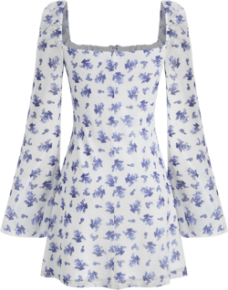 Mesh Square Neck Floral Knotted Long Sleeve Mini Dress