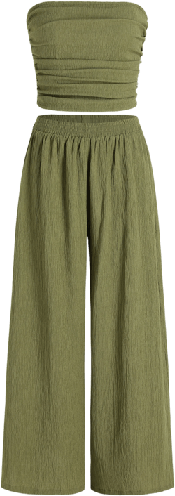Solid Texture Crop Ruched Tube Top & Wide Leg Trousers Set