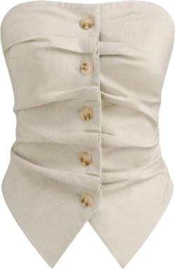 Linen-blend Solid Shirred Button Ruched Tube Top