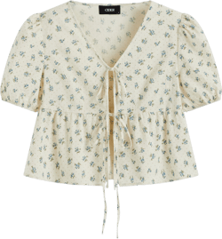 100% Cotton V-neck Floral Tie Front Blouse