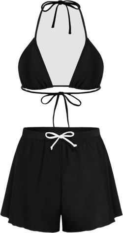 Halter Solid Triangle Cheeky Bikini Swimsuit With Swim Shorts