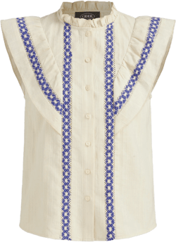 100% Cotton Stand Collar Crochet Contrasting Binding Short Sleeve Blouse