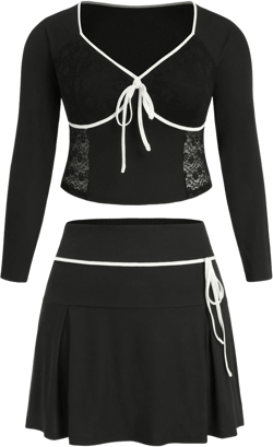 Bowknot Contrasting Binding Lace Corset Top & Pleated Skirt Curve & Plus