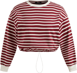Cotton-blend Round Neckline Striped Contrasting Binding Drawstring Long Sleeve Tee Curve & Plus