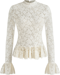 Lace Ruffle See-Through Long Bell Sleeve Top