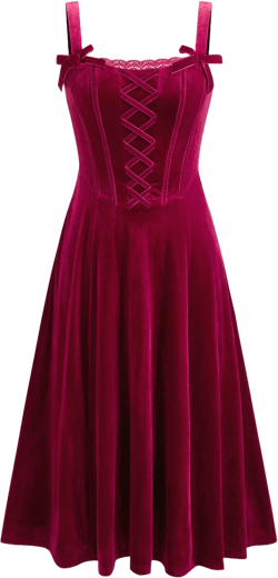 Velvet Scoop Neckline Lace Bowknot Ruffle Midi Dress