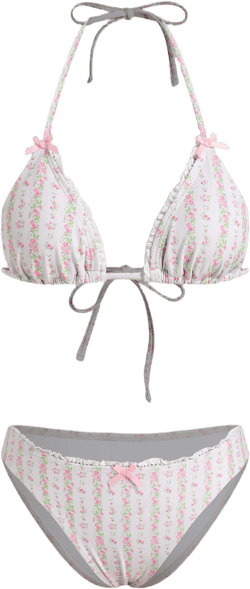 Halter Neckline Ditsy Floral Bowknot Lace Trim Bikini Set