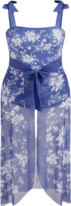 Square Neck Bowknot Floral One Piece Swimsuit & Sarong Curve & Plus