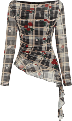 Mesh Boat Neck Rose Plaid Ruffle Hem Top
