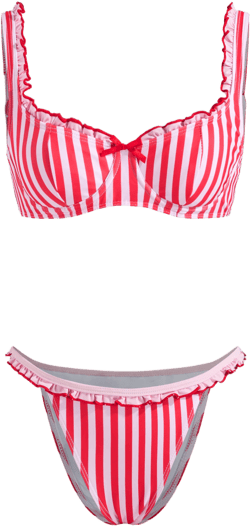 U-neckline Stripe Bowknot Lettuce Trim Underwire Bikini Set