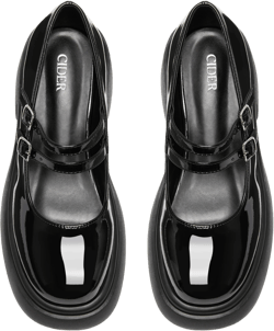 Glossy Chunky Heeled Double Strap Mary Jane Shoes