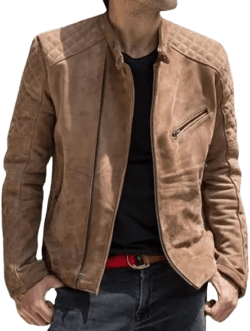 Mens Tan Suede Leather Biker Jacket – Slim Fit Quilted Shoulder Real Lambskin Classic Vintage Style Fashion