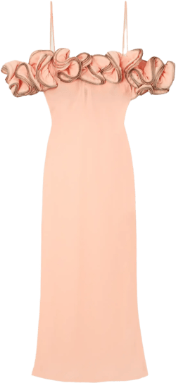 Off-the-shoulder zip-embellished ruffled chiffon midi dress