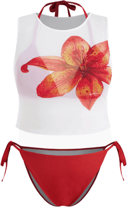 Knotted Triangle Tie Side Bikini Set & Flower Cover Up Top Curve & Plus