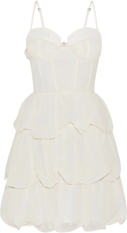 Almond Chiffon Pleat Cup Detail Frill Shift Dress