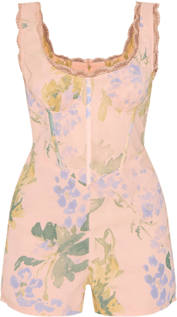 Pink Floral Printed Chiffon Corset Detail Romper