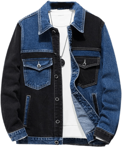 Men's Multi Pockets Denim Jacket Spring Long Sleeve Patchwork Jean Jackets Youth Outdoor Casual Coat 1-Black Blue XL