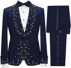 2 Pcs Men's Tuxedo Suits Groom Wedding Tuxedo Tailored Slim One Button Blazers Jacket Pant Luxury Prom Party Sets Navy Small