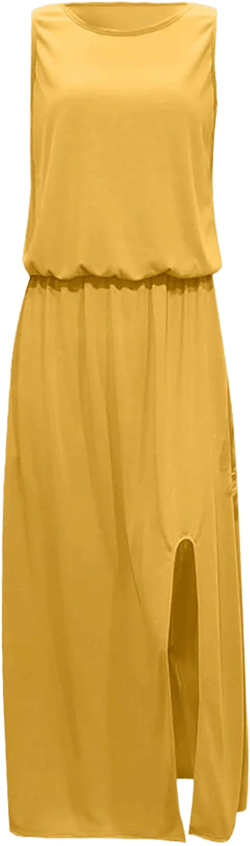 2024 Women Summer Dresses Sleeveless Casual Loose Midi Tank Dress Hide Belly Blouson Knee Length Sundress with Pockets Small 1#yellow