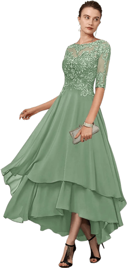 GUKARLEED Women's Layered Mother of The Bride Dresses with Sleeves Long A-line Lace Appliques Formal Dress for Wedding Guest Sage Green 8