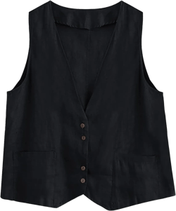 COTECRAM Womens Vest 2023 Summer Cotton Linen Vest Top Fashion Casual Sleeveless Button Down Jacket Loose Vests Outerwear