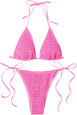 SweatyRocks Women's 2 Piece Triangle Bathing Suit Halter Top ​Tie Side Thong Bikini Swimsuits Small Hot Pink