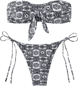 SOLY HUX Women's All Over Print Bandeau Bikini Sets Knot Front Tie Side Bathing Suits Two Piece Swimsuit Small Black and White Floral