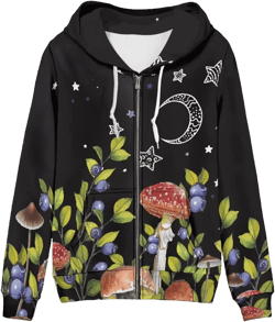 Poceacles Printed Y2K Hoodies Zip Up Long Sleeve Shirt Tops Oversized Jacket Streetwear with Pockets Large Mushroom Moon Star