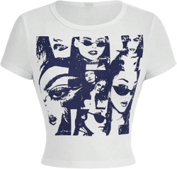 SOLY HUX Women's Graphic Tees Summer Figure Print Short Sleeve T Shirts Crop Top Medium Navy Blue Figure