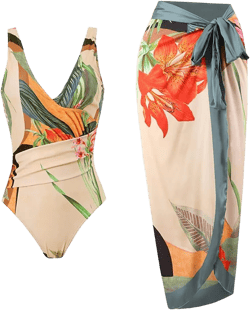 Women's 2 Pieces Sarong Swimsuit Set Sleeveless Floral Print Swimwear with Cover Up Bathing Suits Beachwear