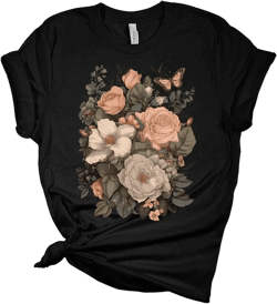 Vintage Floral Graphic Tees for Women Cottagecore Aesthetic Butterfly Shirts Boho Top for Teen Girls 4X-Large Black Heather