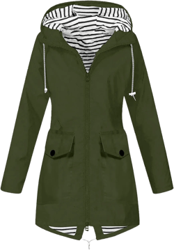 Rain Jacket Women Striped Lined Rain Jacket Lightweight Zip Up Rain Jacket Mid Length Windbreaker Plus Size Raincoat A-army Green Large
