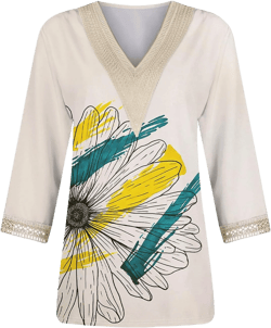 3/4 Length Sleeve Womens Tops 2025 Fall Treny Lace V Neck Shirt Flowers Print Tunic Topsy Floral Blouses T Shirts 11-beige Large