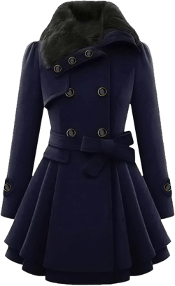 GORIFE Women Faux Fur Collar Coat Double Breasted Wool Blend Trench Coat Midi Swing Coat with Belt Small Navy Blue