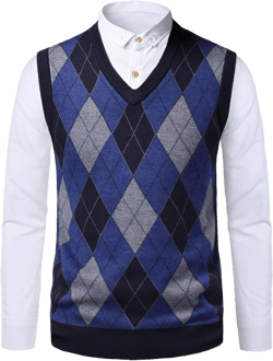 Mens Argyle Sweater Vests V-Neck Sleeveless Pullover Classic Business Knitwear Wool Cardigan Autumn Winter Vest Large B-navy Blue