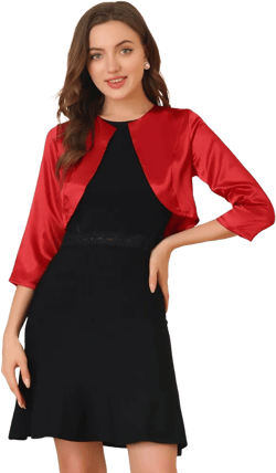 INSPIRE CHIC Women's Satin Elegant 3/4 Sleeve Solid Bolero Shrugs Red Small