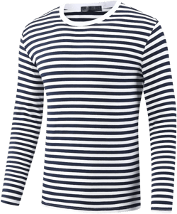Lars Amadeus Men's Basic Crew Neck Long Sleeves Pullover Striped T-Shirt Navy White Small