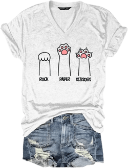 Rock Paper Scissors Cat Paw Print Funny Cat Shirts for Women Graphic Tees X-Large White