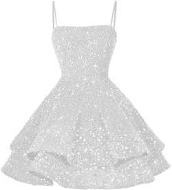 YOFF Sparkly Sequin Tiered Homecoming Dresses Short Spaghetti Straps Prom Dresses A-line Scoop Neck Evening Cocktail Gowns for Juniors White 2