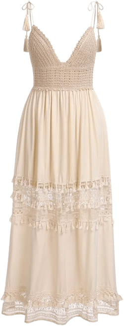 ODASDO Boho Maxi Dresses for Women Summer Casual Outfit Bohemian Spaghetti Straps Lace Long Dress White Wedding Dress Tassel Flowy Beach Dress High Waist Maternity Costumes Sun Dress Beige B S
