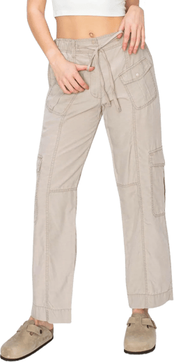 Cali1850 Women's Relaxed Fit Comfortable Mid Rise Washed Linen Straight Leg Cargo Pants with Elastic Band