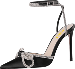 FSJ Women's Pointy Toe Stiletto High Heel Sandal Bowknot Ankle Strap Buckle Heeled Pump Lace Up Dress Wedding Party Shoe Size 4-15 US 10 Black