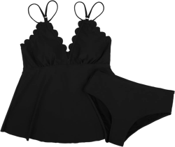 Women Scallop Trim Tankini Swimsuits Set V Neck Tankini Top Tummy Control Bathing Suit Swimwear with Bottom Black, X-Large